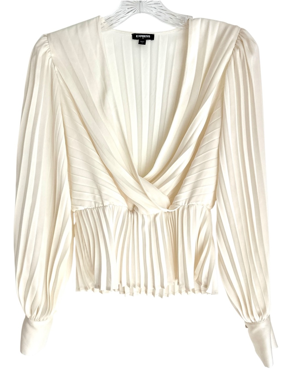 Express Factory Ivory Color Long Sleeve Faux Wrap Pleated V-Neck Blouse Size XS
